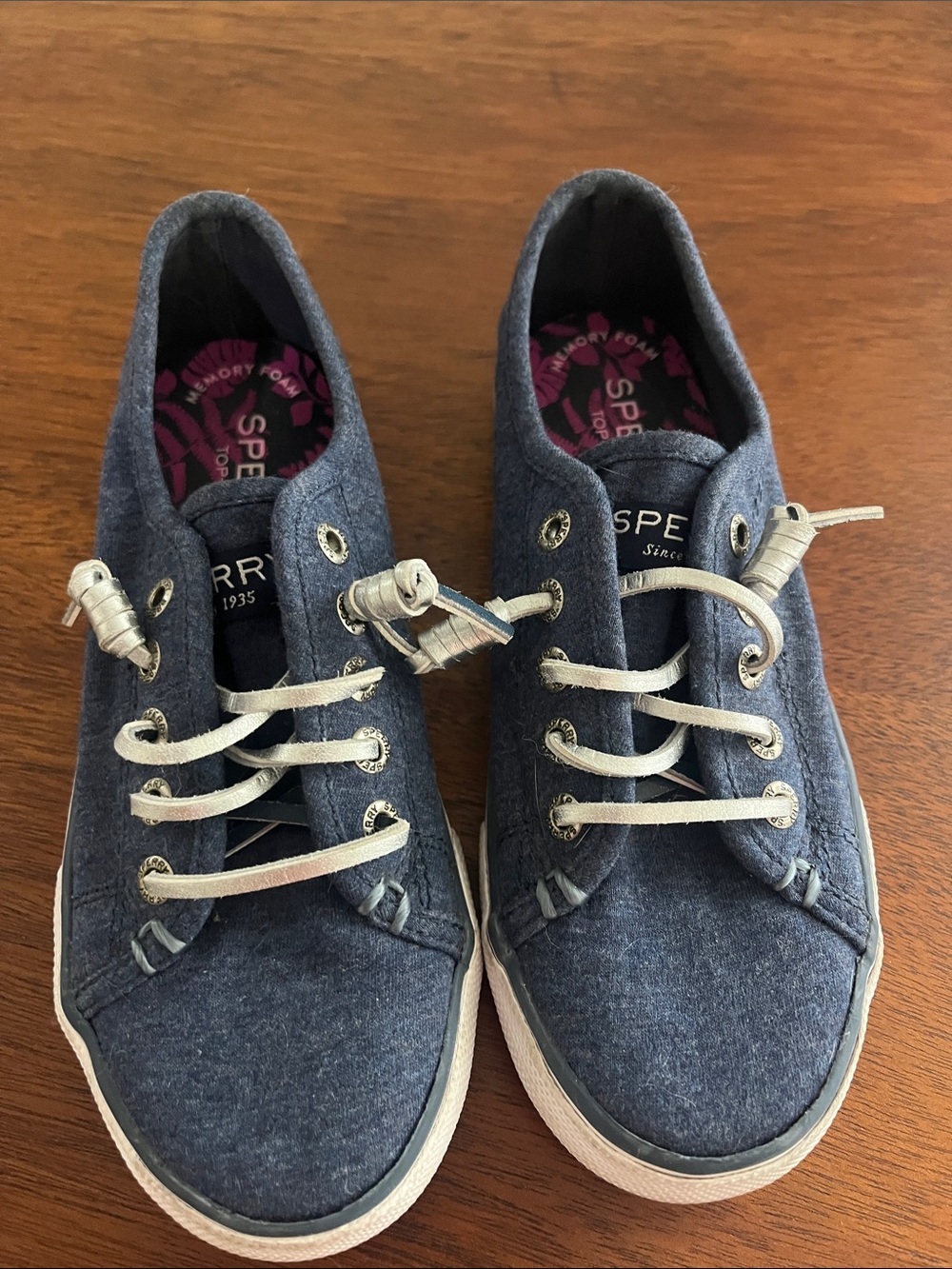 Sperry Navy Felt Low-Top Sneakers with Silver Metallic Laces